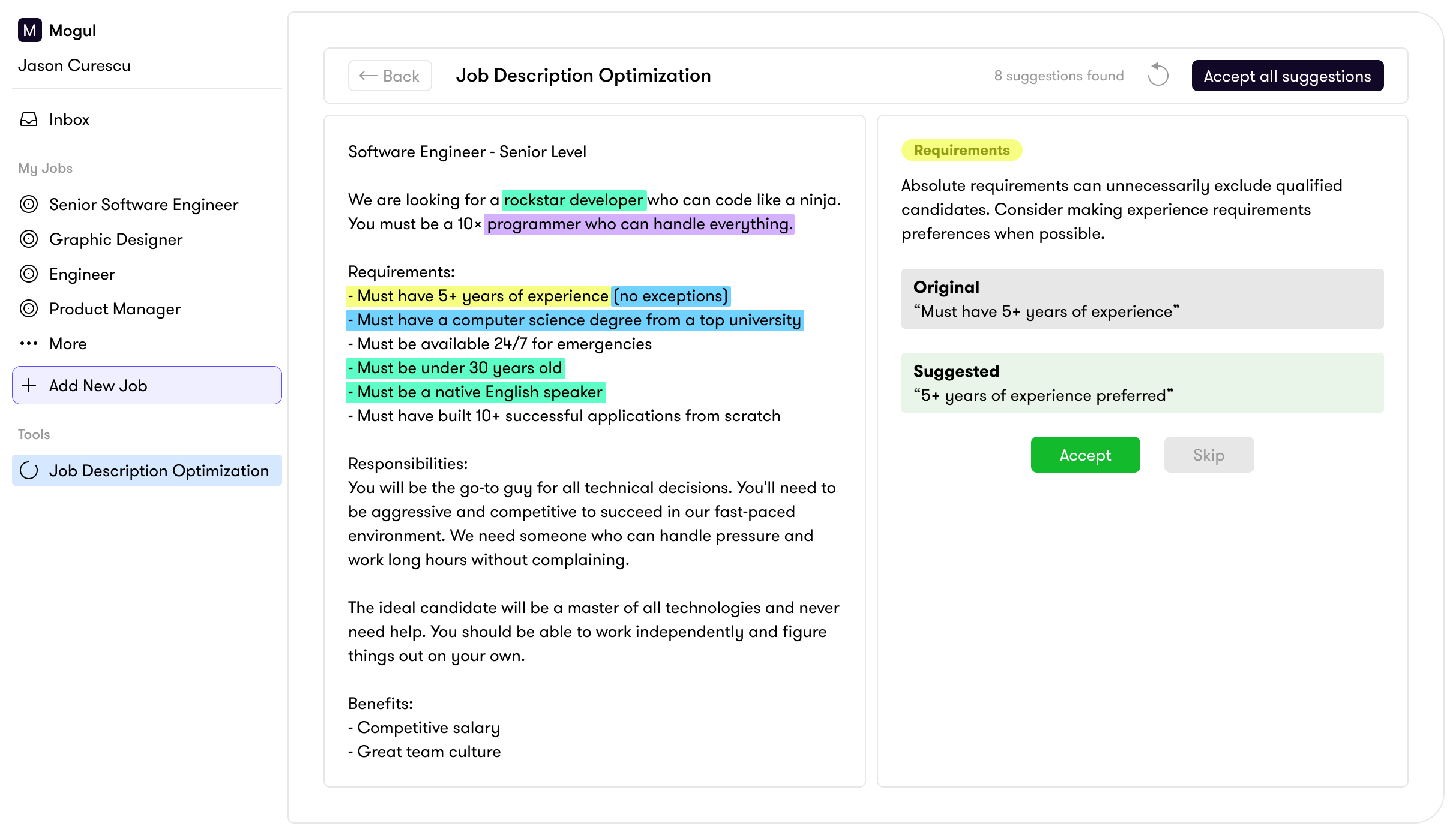Job Description Optimization tool showing color-coded suggestions in the Mogul Recruiter